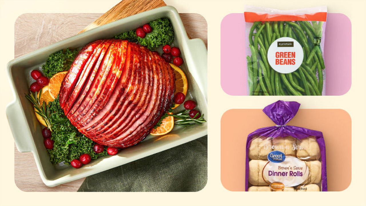 Collage of easter meal items like ham, dinner rolls and green beans. 
