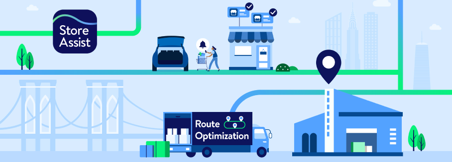 illustration of a retail scene with delivery truck with Route Optimization text and Store Assist logo