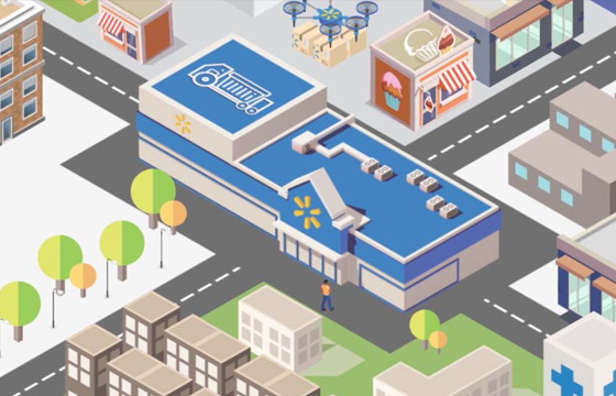 Isometric illustration of a Walmart store in a city acting as a fulfillment center.
