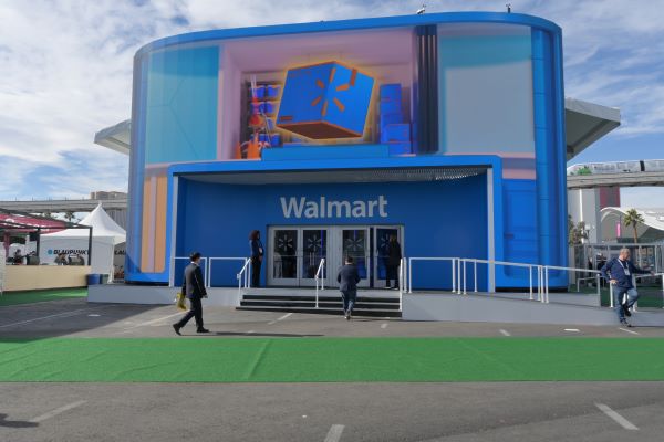 The exterior of Walmart's CES booth is shown. The booth stands two stories tall and is ten thousand square feet.