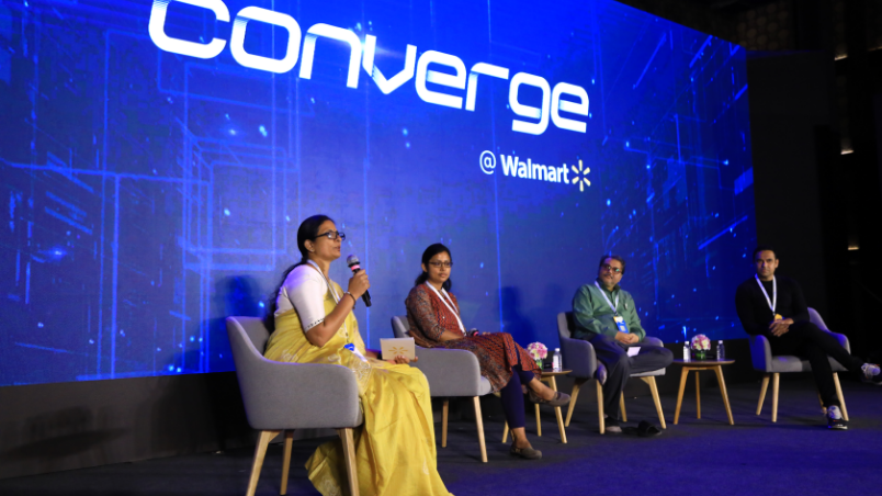 Panel discussion on stage at Converge @ Walmart, featuring Prashanti Bodugum, VP, eCommerce, U.S. Omni Platforms Tech, Walmart Global Tech; Prashant Warier, Co-founder and CEO, Qure.ai; Soma Biswas, Professor, IISc and Mausam, Professor, IIT Delhi.
