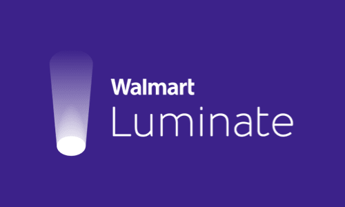 Brand text for Walmart Luminate on a purple background accompanied by a light shining upward on the left side of the brand text