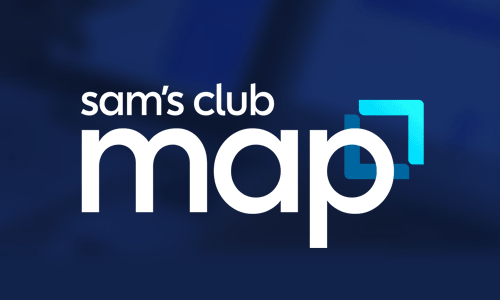 Logo Brand text: Sam's Club MAP.  Accompanied by the sam's club logo in the background on a background of dark blue.